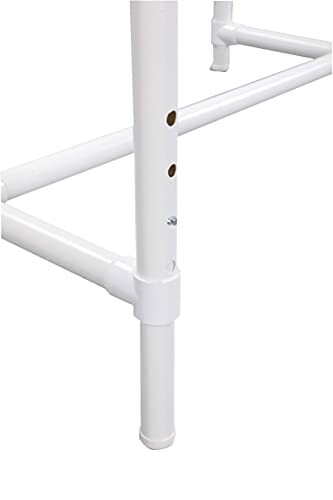 Close-up of an adjustable white metal table leg with height settings.