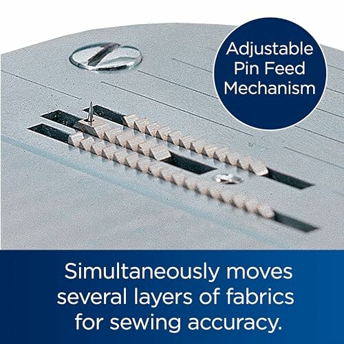 Adjustable pin feed mechanism for sewing accuracy.