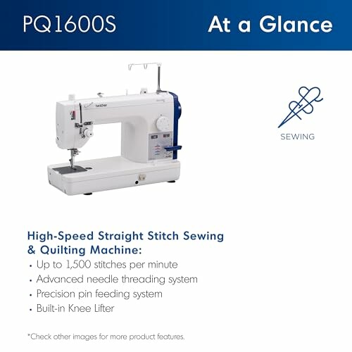 Brother PQ1600S high-speed sewing and quilting machine with features listed.