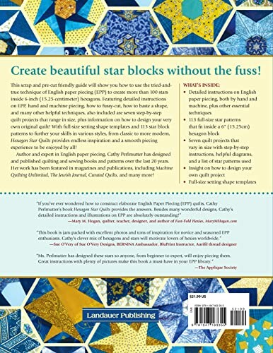 Back cover of a book about creating star blocks using English paper piecing.