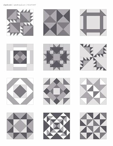 Grid of twelve geometric quilt block patterns in grayscale