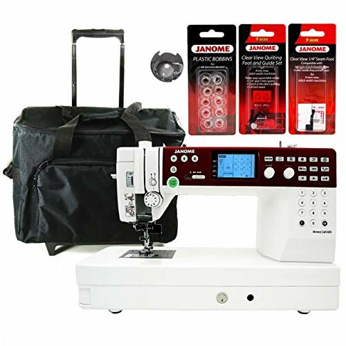 Janome sewing machine with accessories, including bobbins, foot and guide set, and a carrying case.