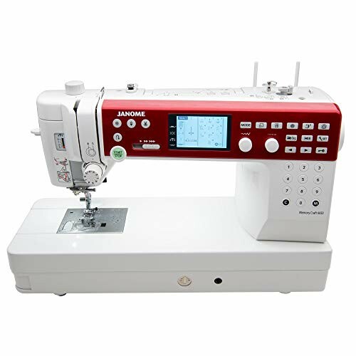 Red and white Janome sewing machine with digital display