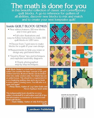 Back cover of a book titled 'Quilt Block Genius' featuring quilt block designs and book details.