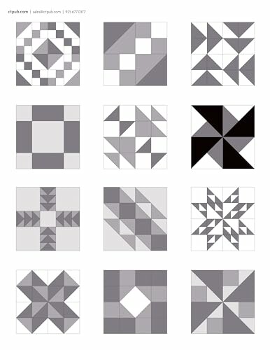 Grid of twelve geometric quilt patterns in grayscale