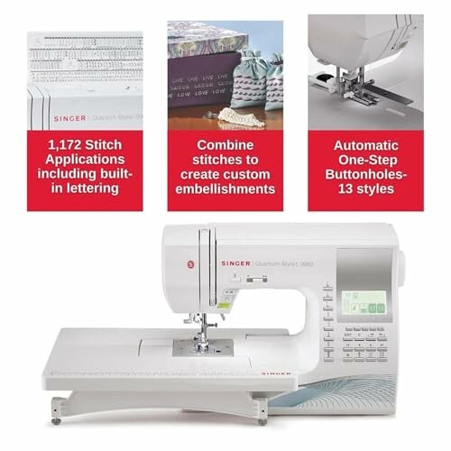 Singer sewing machine with features highlighted: 1,172 stitch applications, custom embellishments, automatic buttonholes.