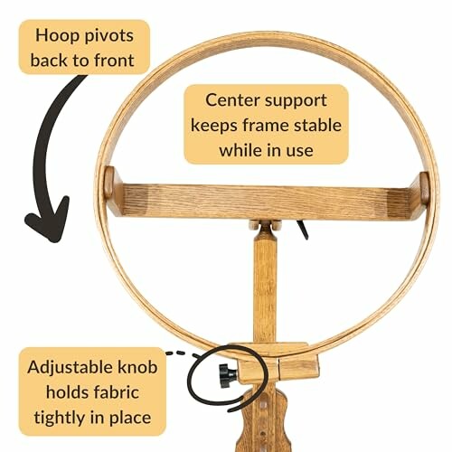 Wooden embroidery hoop stand with pivoting hoop and center support.