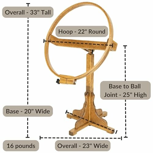 Wooden embroidery stand with dimensions labeled.